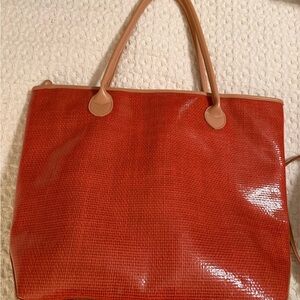 Vintage Lancôme Red Textured Tote Bag with Tan Handles